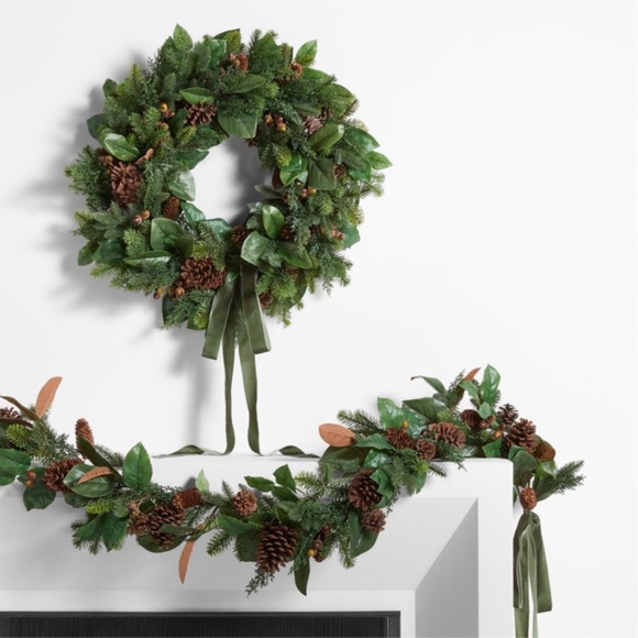 Crate&Barrel Faux Magnolia and Pinecone Pre-Lit Holiday Garland 6' - Picture 1 of 2